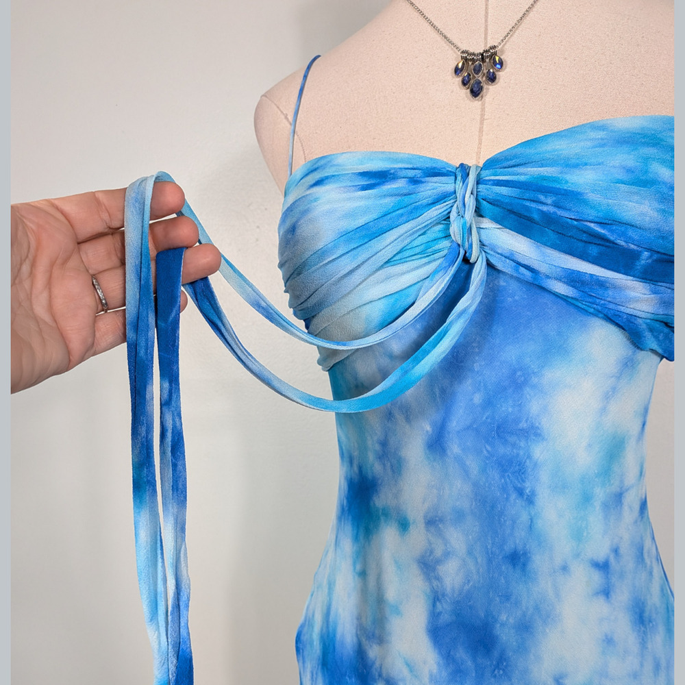 Vintage Cache Silk Prom Dress Maxi Gown 2 Blue Tie Dye Y2K Fairy Babydoll Nymph - Picture 2 of 13